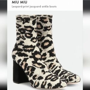 Miu Miu Leopard Print Jacquard Sock Ankle Boots Black Beige Chic Block Heel EU38
